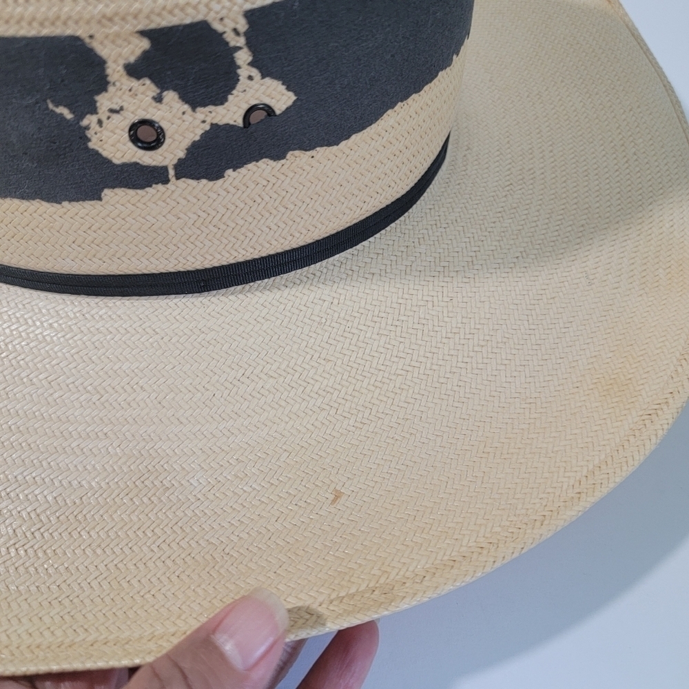 Larry Mahan The Corral By Milano Hat Tan Bandido 100% Straw Hat 6/8-55 Long Oval - Picture 4 of 12